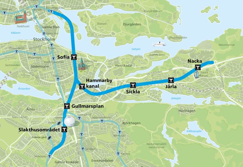 
Blå linje förlängs från Kungsträdgården via Södermalm och Hammarby Sjöstad till Nacka och Söderort. Klicka på kartan för att se den i ett större format.