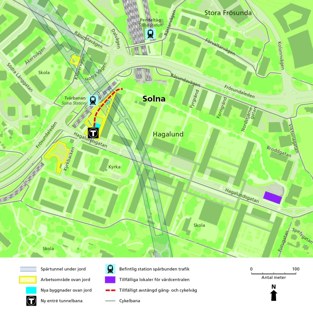 Karta som visar station Arenastadens arbetsområden vid Hagalundsgatan och framtida tunnelbaneentré ovan jord samt spårtunnlar under jord. 