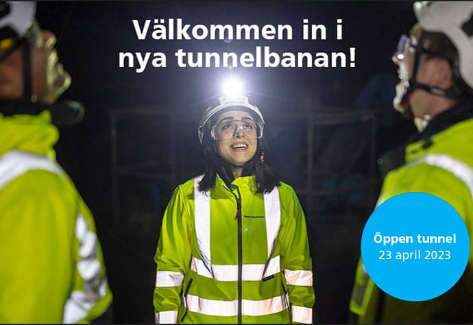 Bild med tre personer i varselväst och texten Välkommen in i nya tunnelbanan