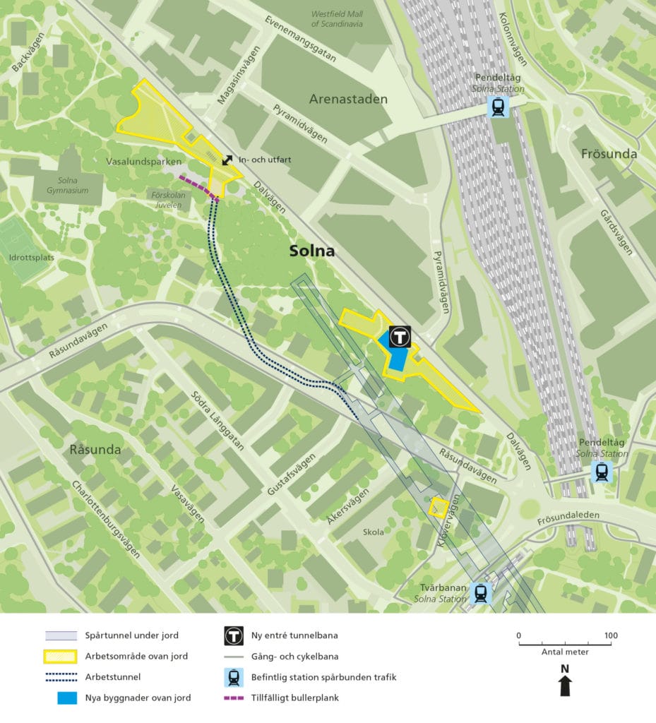 Karta som visar arbetsområden vid Dalvägen och den framtida tunnelbaneentrén ovan jord samt spårtunnlar och arbetstunnel under jord. 