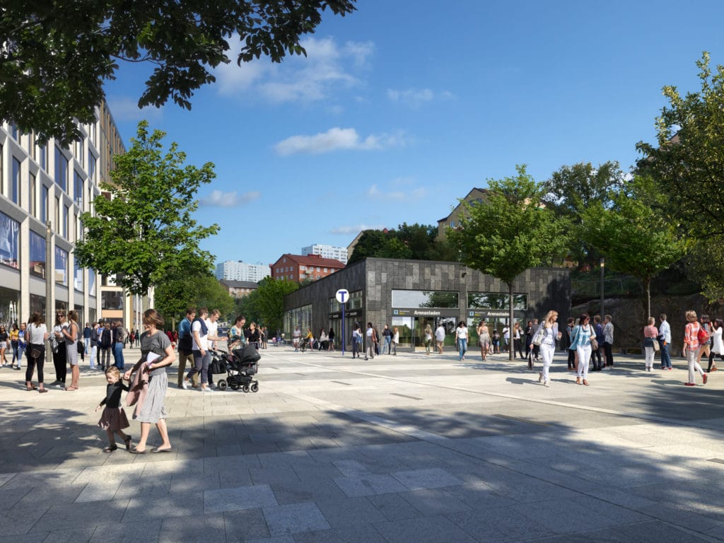 Visionsbild som visar en framtida stadsmiljö vid Dalvägen i Arenastaden. I bakgrunden syns Arenastadens norra entrébyggnad. 