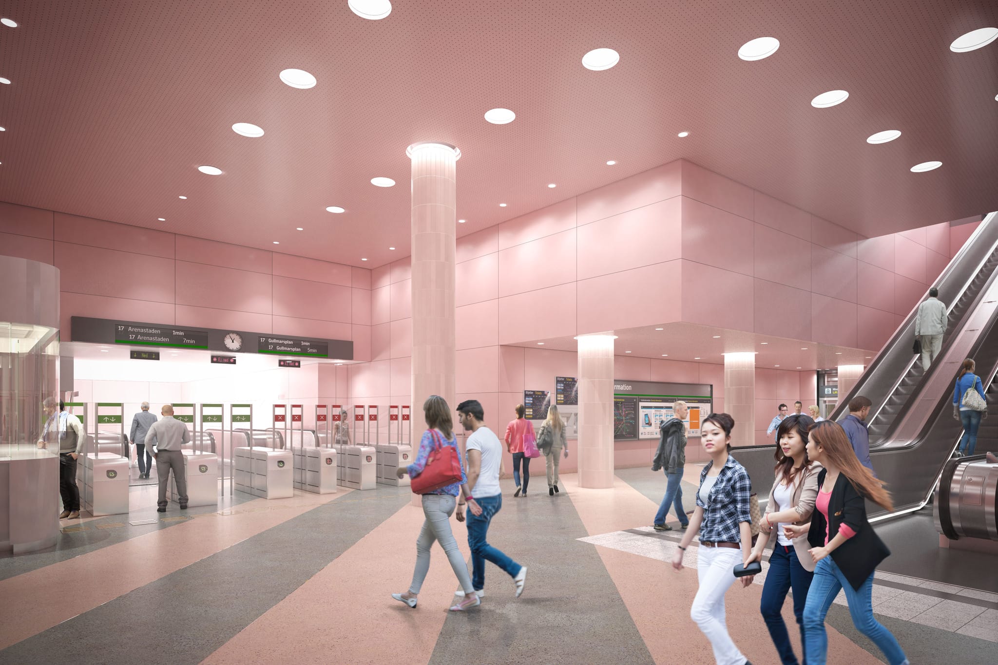 Visionsbild som visar station Hagastadens biljetthall med rosa väggar, biljettspärrar och rulltrappa till höger. 