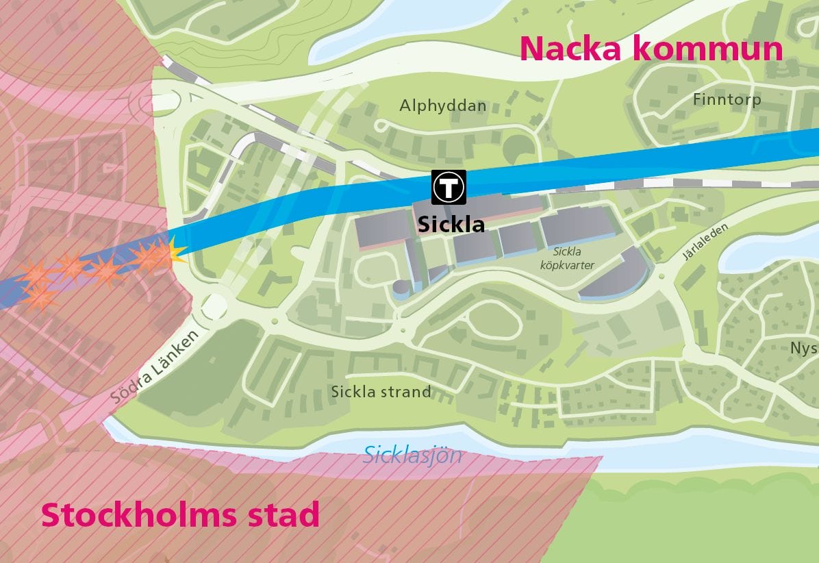 Karta som visar kommungränsen mellan Nacka kommun och Stockholms stad och var tunnelsprängningarna pågår.