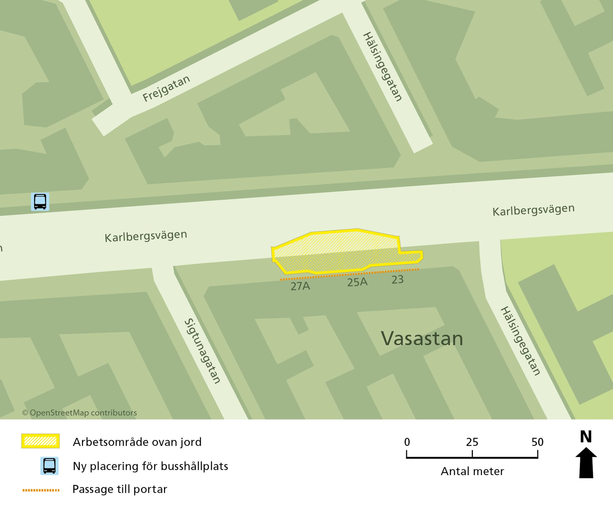 Bilden visar en karta med nya tunnelbanans arbetsområde på Karlbergsvägen 23-27 i gul färg. 